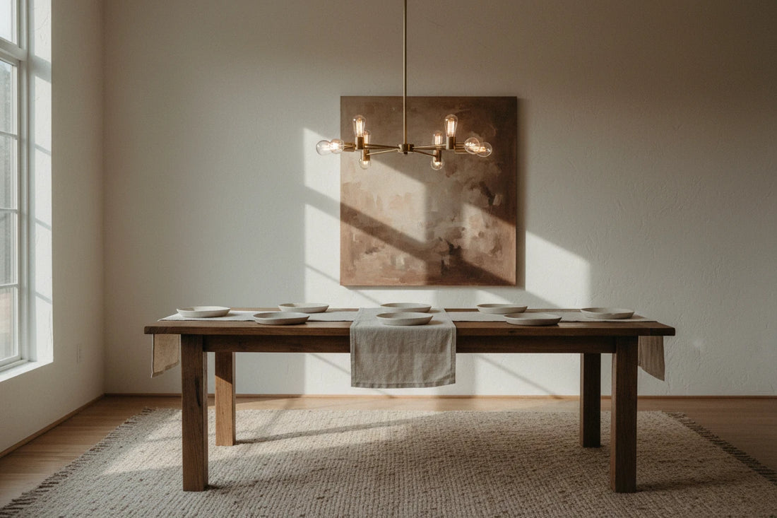 Brass chandelier centered above a long dining table with warm afternoon glow
