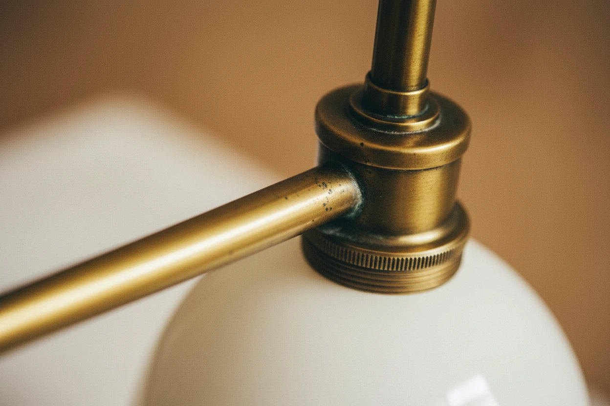 Close detail of antique brass arm and socket with visible patina