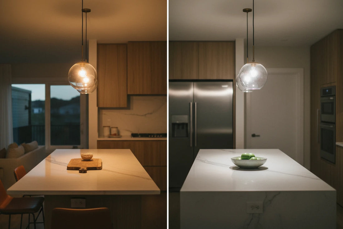 Two matching pendants over a counter, one warm glow and one cool white