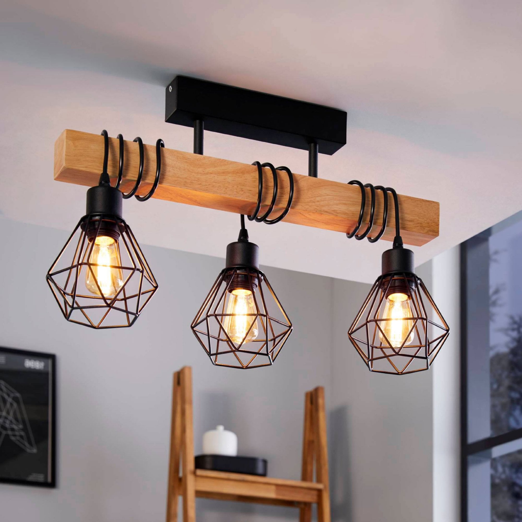 Arbora – Adjustable Pinewood Ceiling Light with Metal Wire Shades