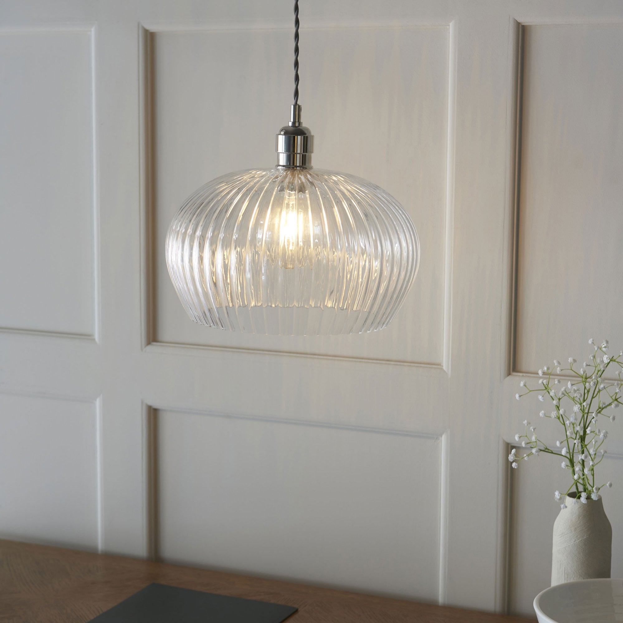 Aurelis – Nickel Pendant Light with Clear Ribbed Glass Shade