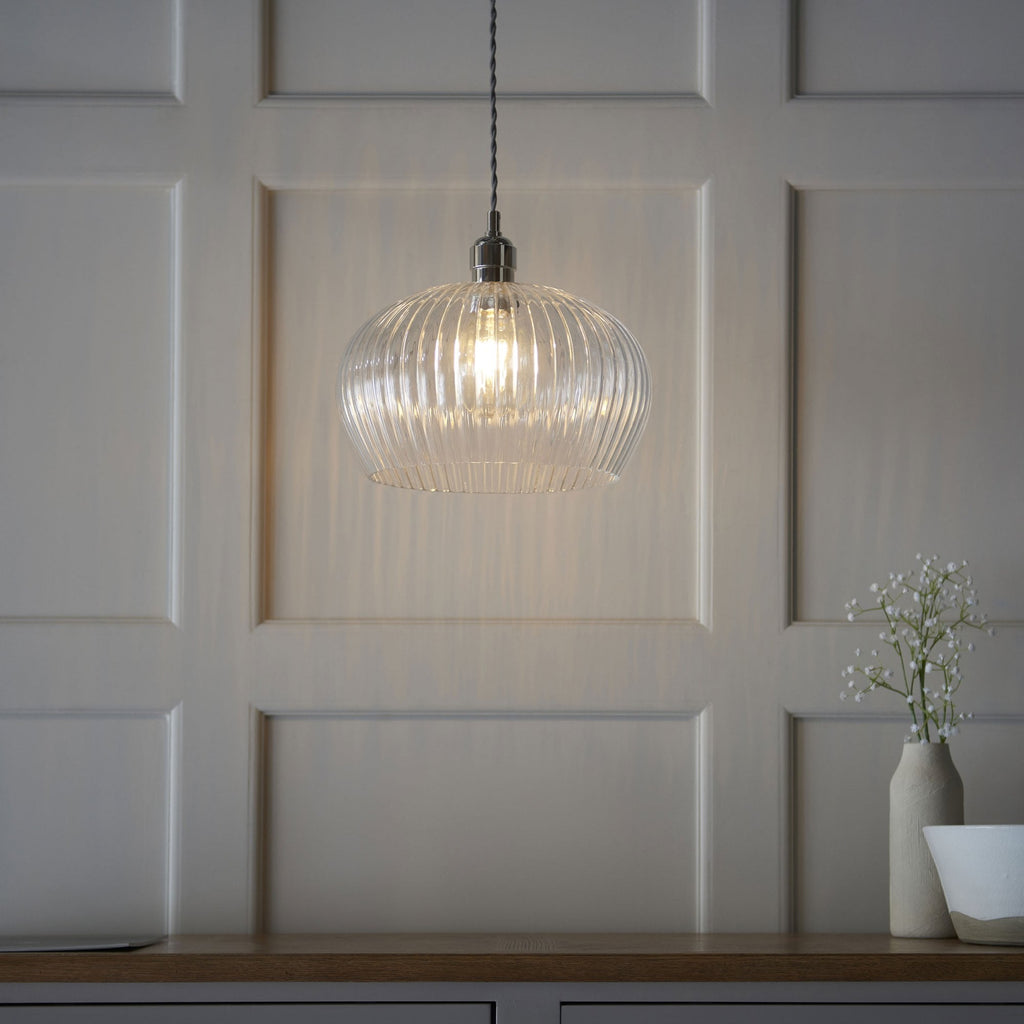 Aurelis – Nickel Pendant Light with Clear Ribbed Glass Shade
