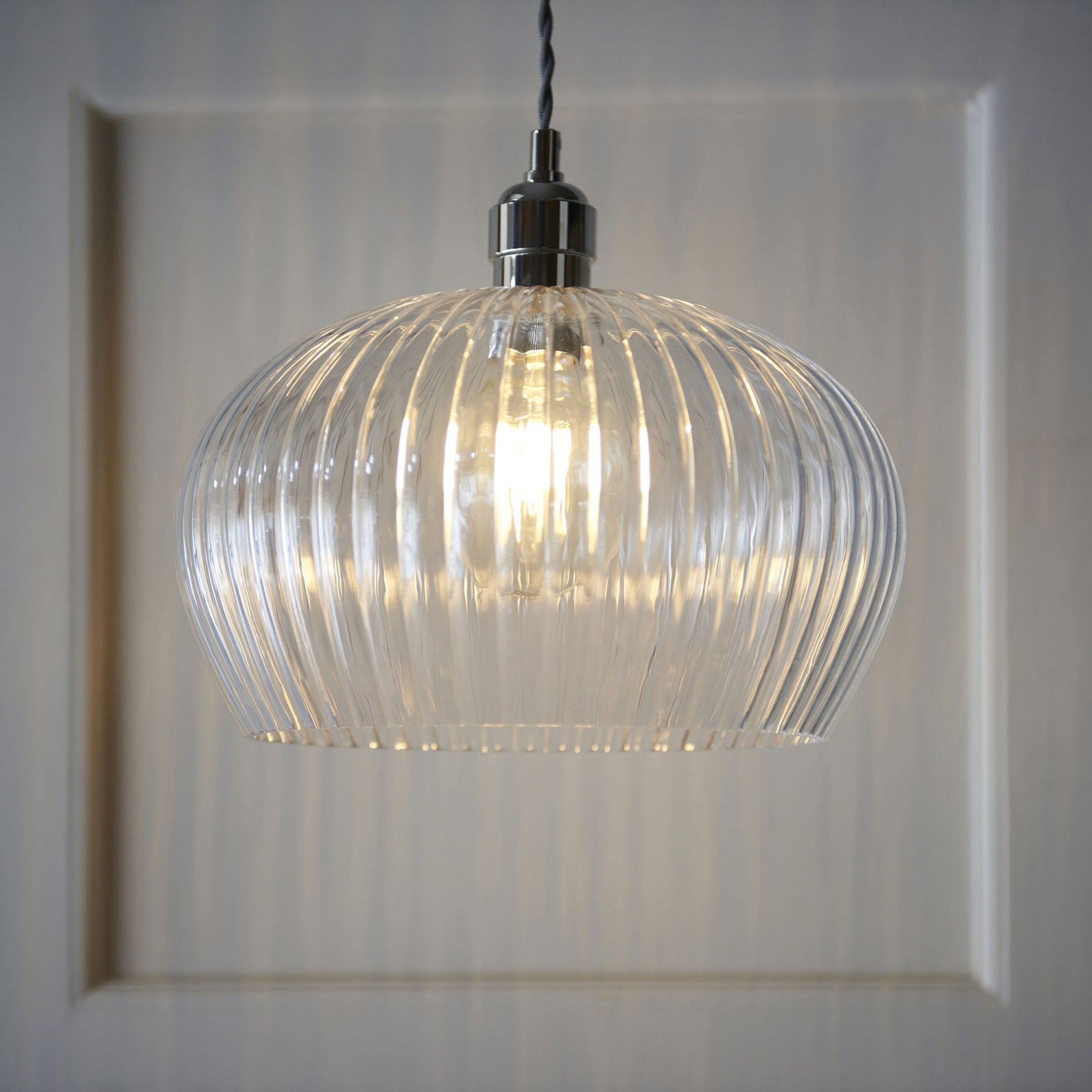 Aurelis – Nickel Pendant Light with Clear Ribbed Glass Shade