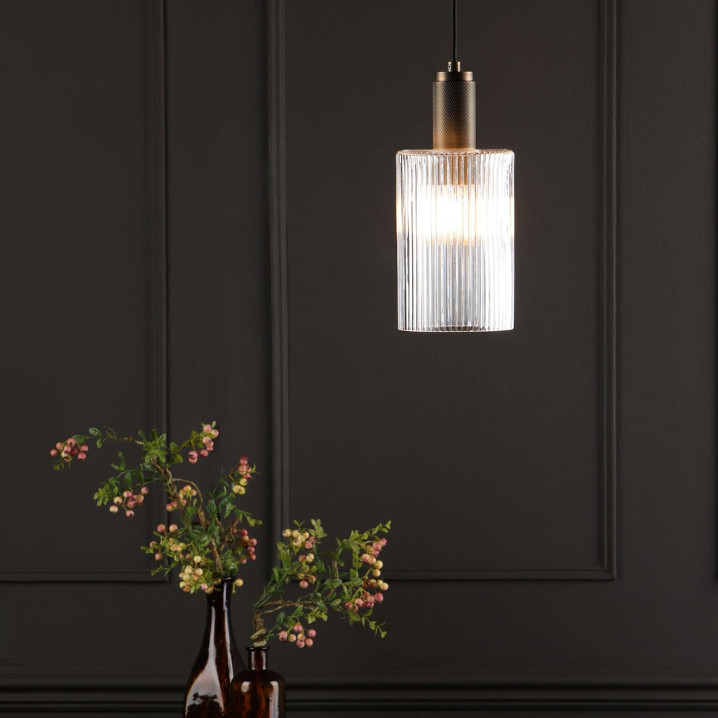 Zephros – Adjustable Antique Brass Pendant Light with Cylinder Glass Shade