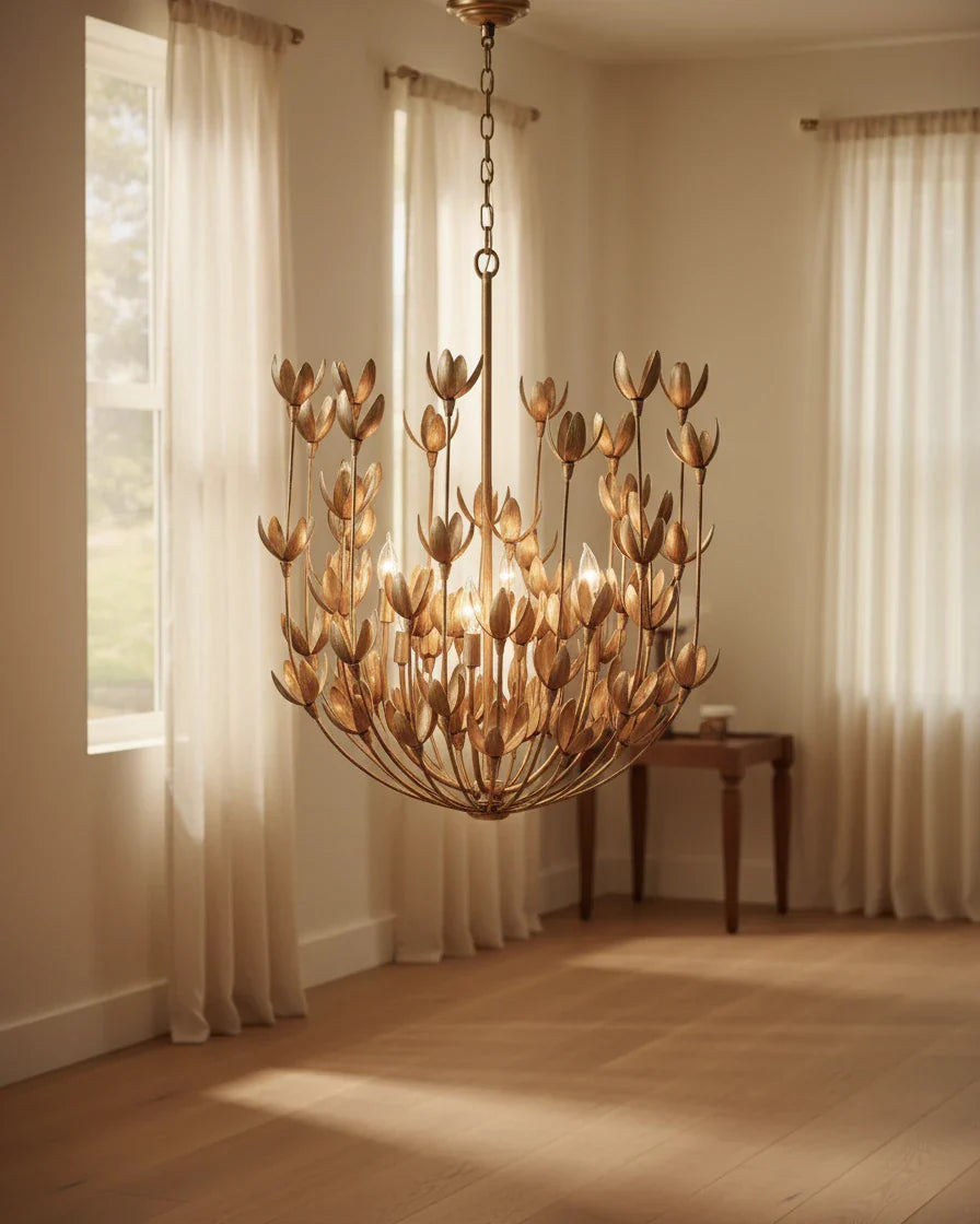Aureline tiered bloom chandelier in burnished gold, lit in a living room setting - Burnished Gold