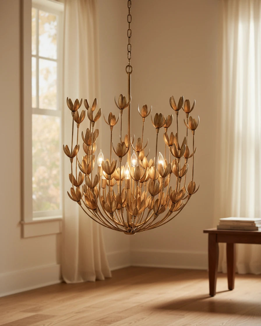 Aureline tiered flower chandelier in burnished gold, lit, hanging in a living room - Burnished Gold