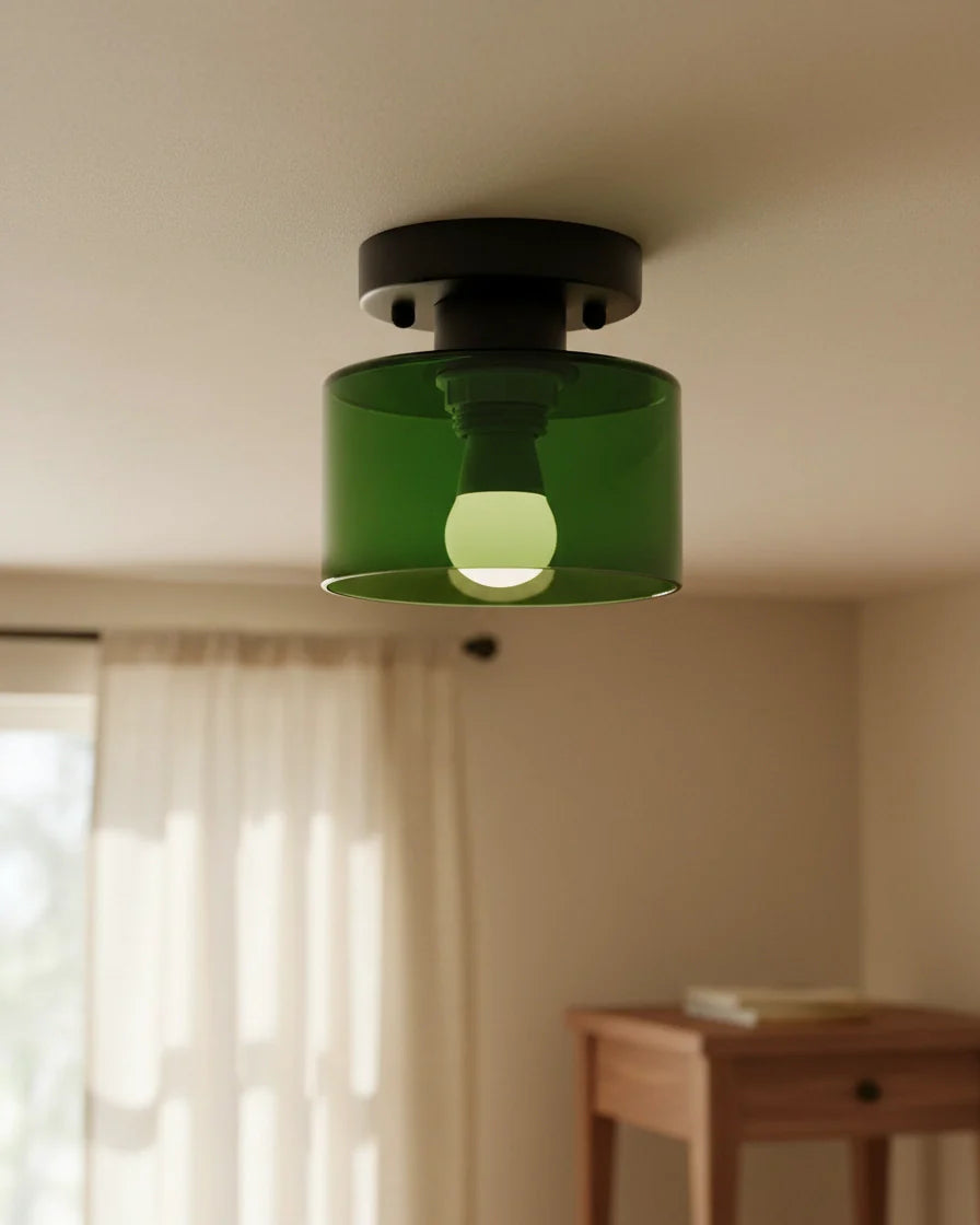 Aurelis round glass plafond in warm orange, flush mounted on a white ceiling, softly lit - Olive Green