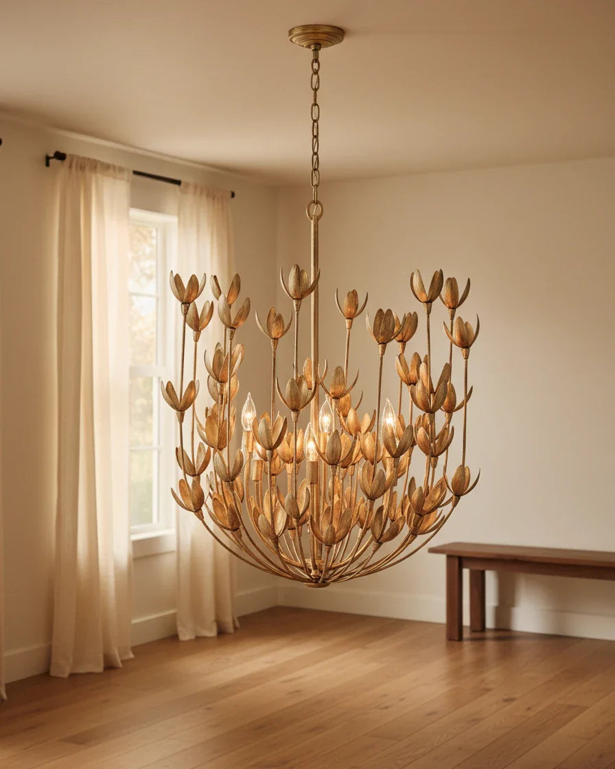 Aurelis tiered petal chandelier in burnished gold, lit, hanging in a living room - Burnished Gold