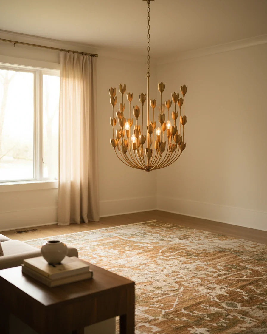 Aurelis tiered petal chandelier in burnished gold, lit, hanging in a living room