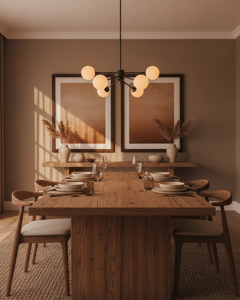 Dining room scene lit by soft pendant fixture