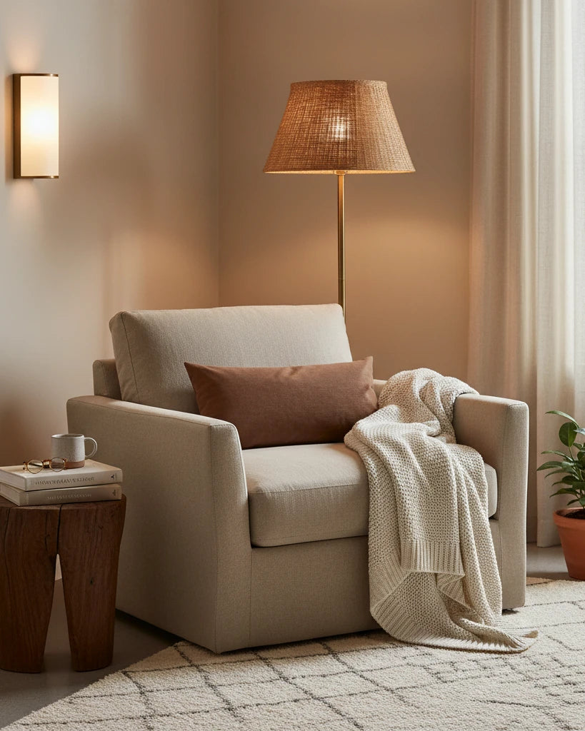 Reading corner with layered ambient floor and wall lighting