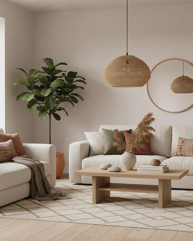 Quiet scandi interior with minimal curated light fixture