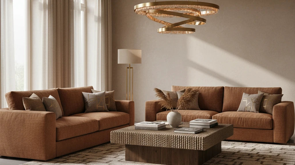 Warm editorial living room with sculptural chandelier at golden hour