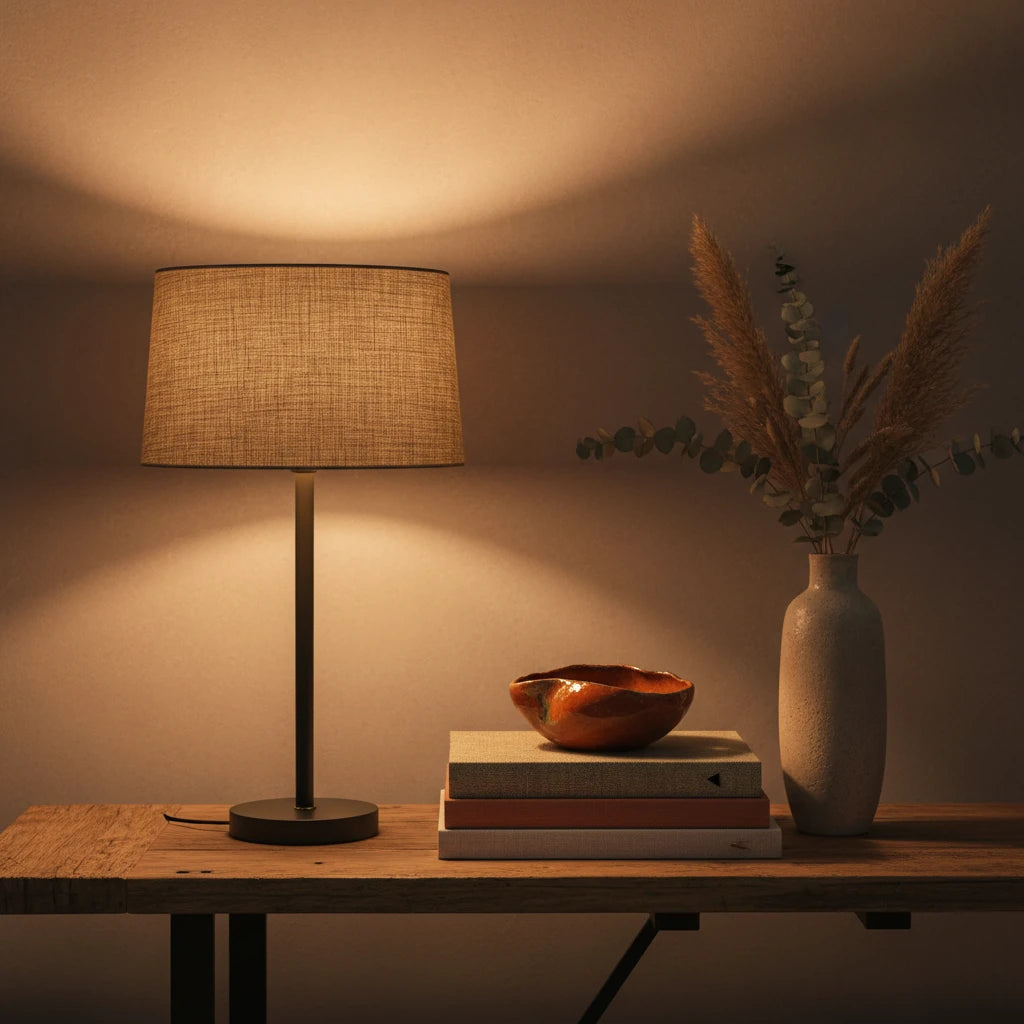 Editorial still life of lamp, books and ceramic decor