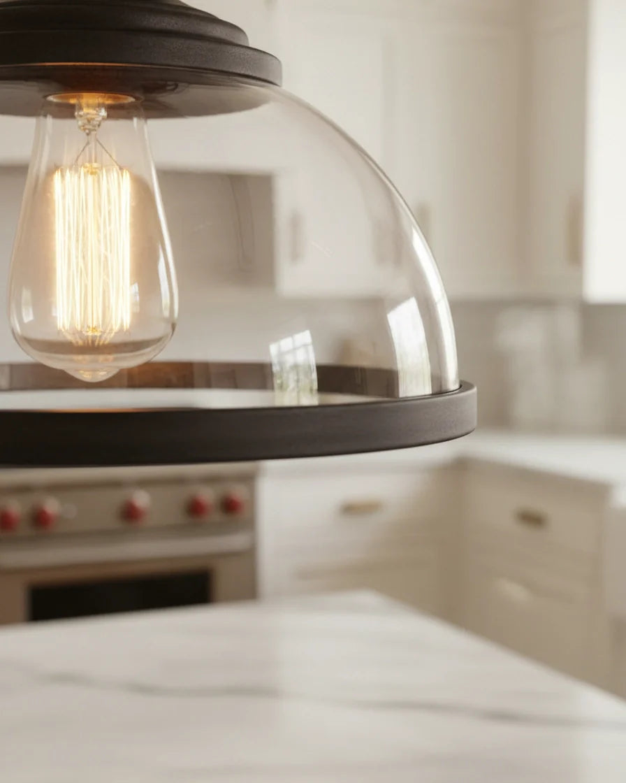 Industrial-style pendant light with a matte black iron frame and clear glass bowl shade lit over a marble kitchen island - detail 2