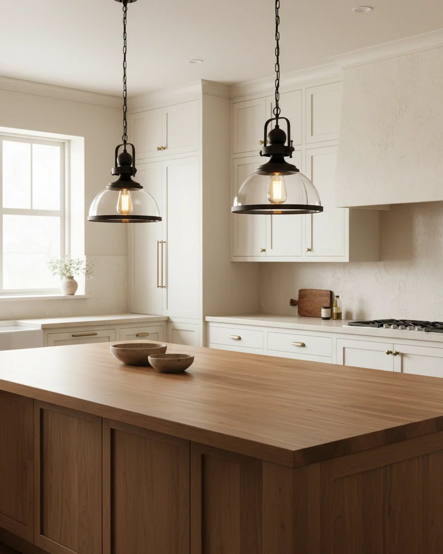 Industrial-style pendant light with a matte black iron frame and clear glass bowl shade lit over a marble kitchen island - hero 2