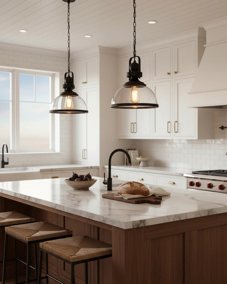 Industrial-style pendant light with a matte black iron frame and clear glass bowl shade lit over a marble kitchen island - hero 3