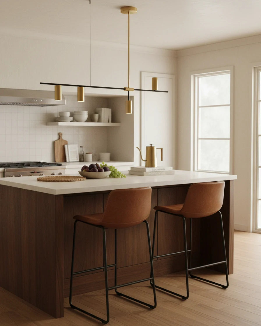 Modern linear island pendant with cylindrical gold and black shades on a horizontal bar, lit over a marble counter. - Size: 4-lights: L 47.2″ x H 24.4″ / Colour: Gold & Black