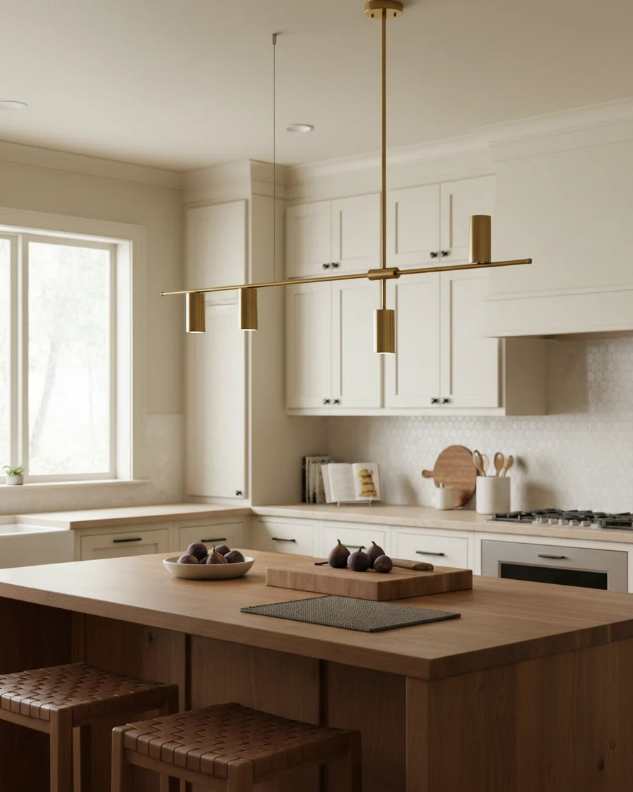Modern linear island pendant with cylindrical gold and black shades on a horizontal bar, lit over a marble counter. - Size: 4-lights: L 47.2″ x H 24.4″ / Colour: Gold