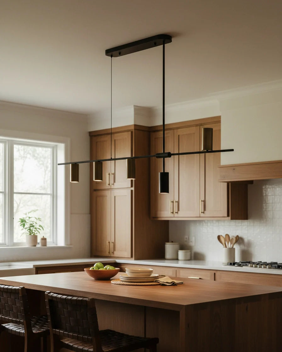 Modern linear island pendant with cylindrical gold and black shades on a horizontal bar, lit over a marble counter. - Size: 5-lights: L 52″ x H 25.2″ / Colour: Black