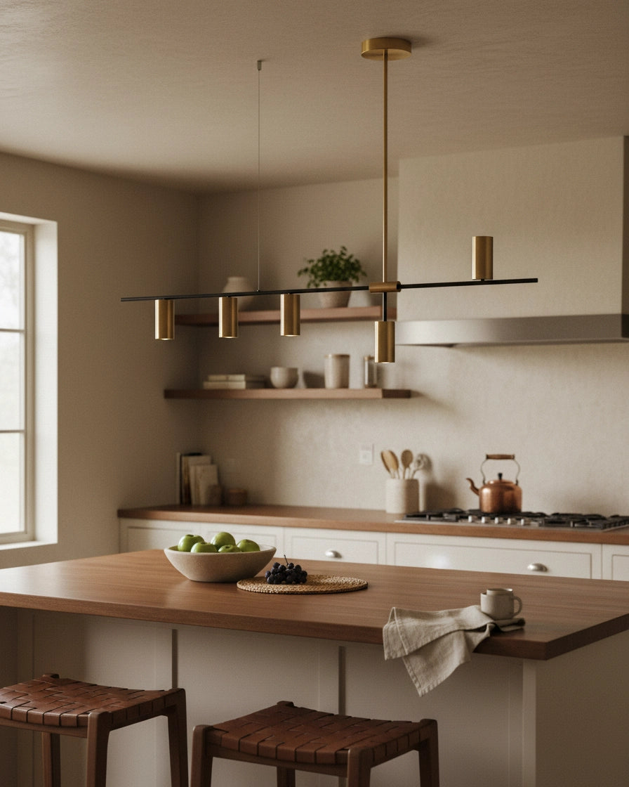 Modern linear island pendant with cylindrical gold and black shades on a horizontal bar, lit over a marble counter. - Size: 5-lights: L 52″ x H 25.2″ / Colour: Gold & Black