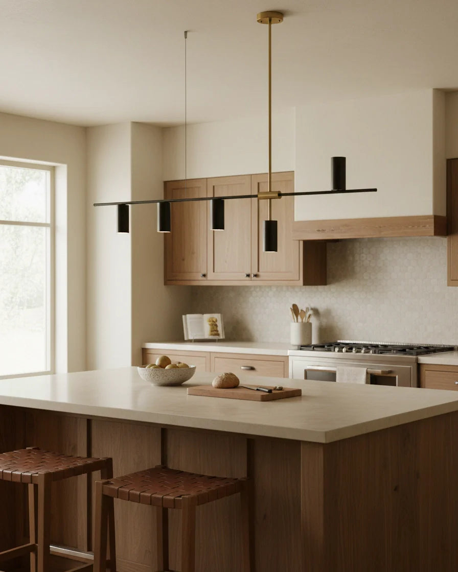 Modern linear island pendant with cylindrical gold and black shades on a horizontal bar, lit over a marble counter. - Size: 5-lights: L 52″ x H 25.2″ / Colour: Gold