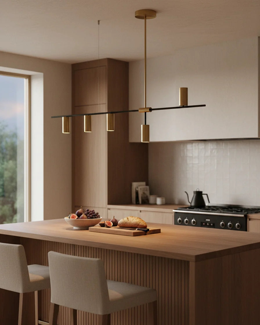 Modern linear island pendant with cylindrical gold and black shades on a horizontal bar, lit over a marble counter. - hero 3
