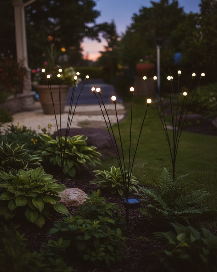 Warm solar firefly stake lights glowing along a garden path at dusk
