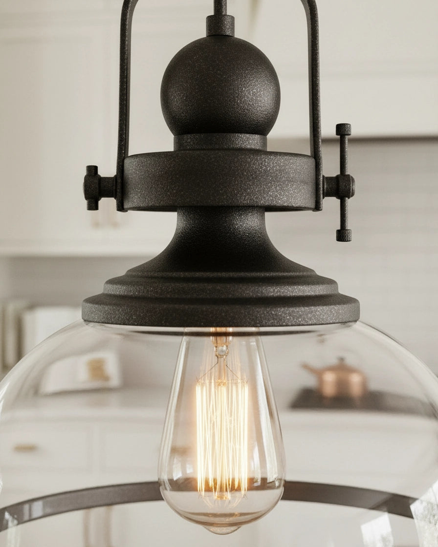 Modern Matte Black Pendant Light for Kitchen Island, Clear Glass Bowl, Industrial