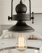 Modern Matte Black Pendant Light for Kitchen Island, Clear Glass Bowl, Industrial