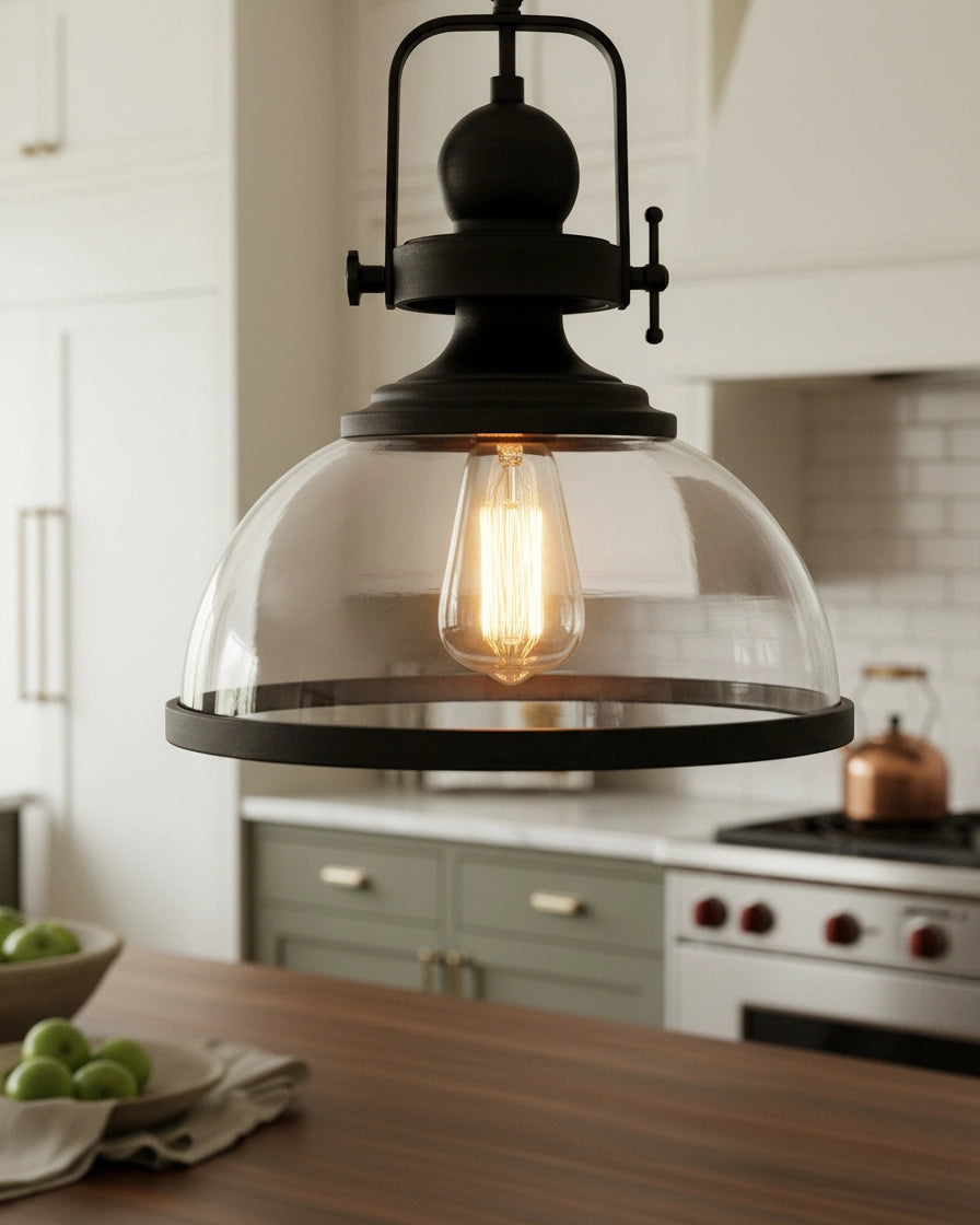 Modern Matte Black Pendant Light for Kitchen Island, Clear Glass Bowl, Industrial