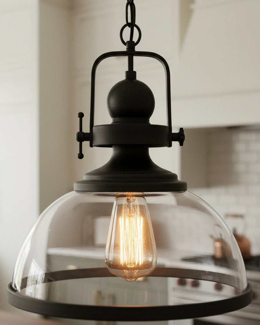 Modern Matte Black Pendant Light for Kitchen Island, Clear Glass Bowl, Industrial