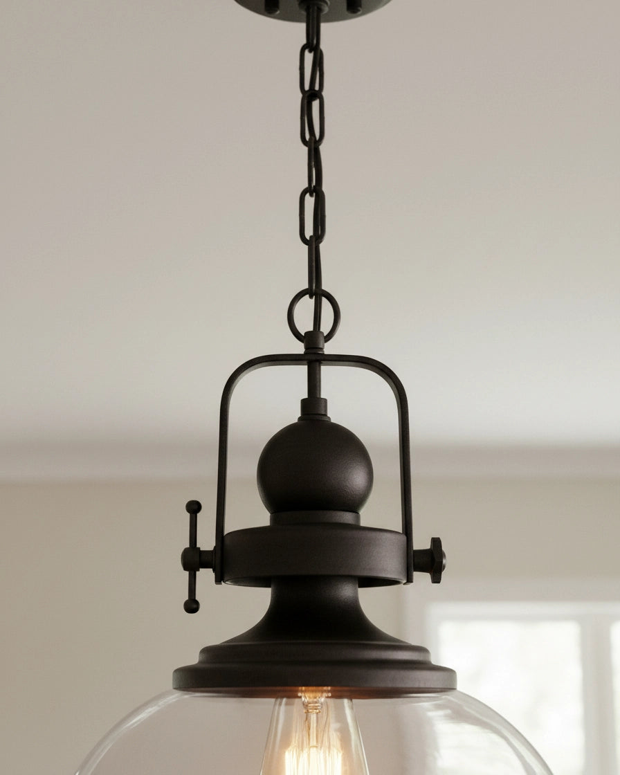 Modern Matte Black Pendant Light for Kitchen Island, Clear Glass Bowl, Industrial