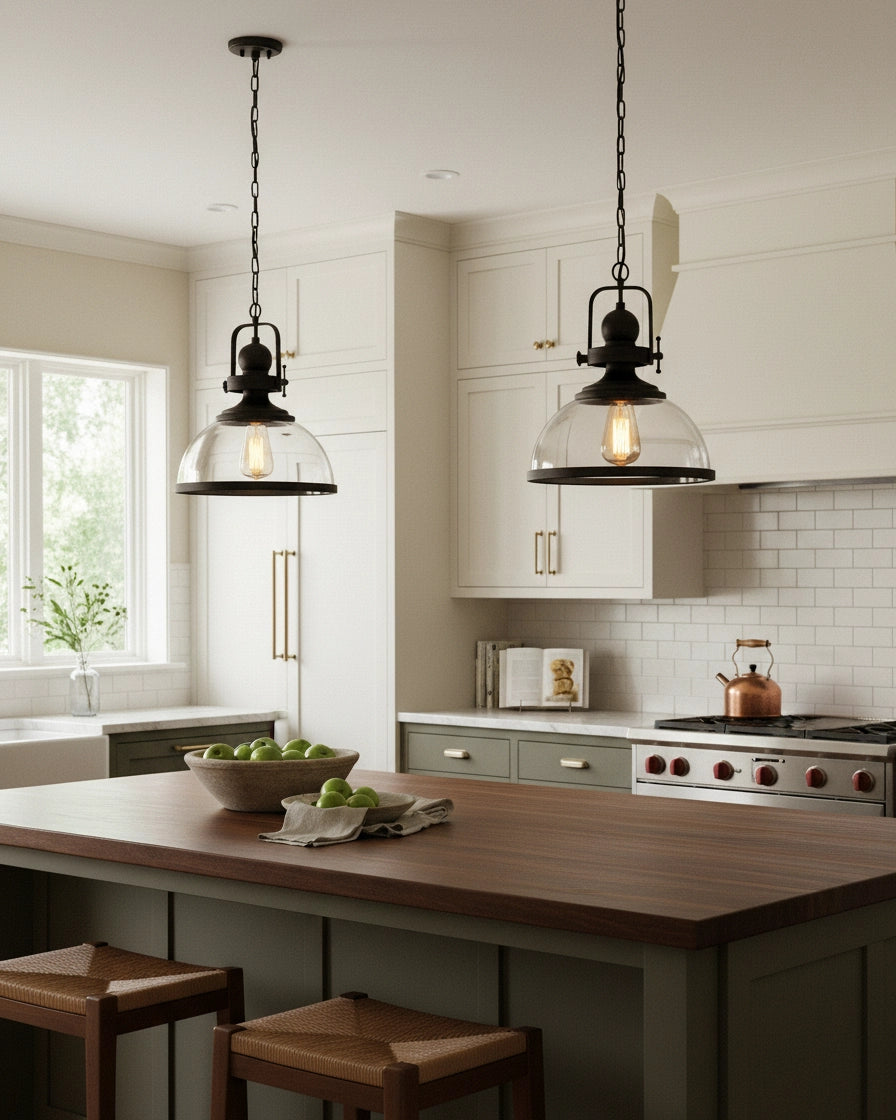 Modern Matte Black Pendant Light for Kitchen Island, Clear Glass Bowl, Industrial