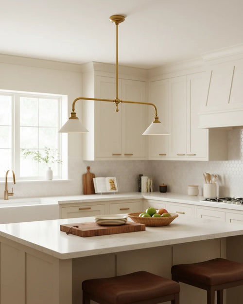 Two-light linear pendant with brass finish and conical shades, illuminated - Brass