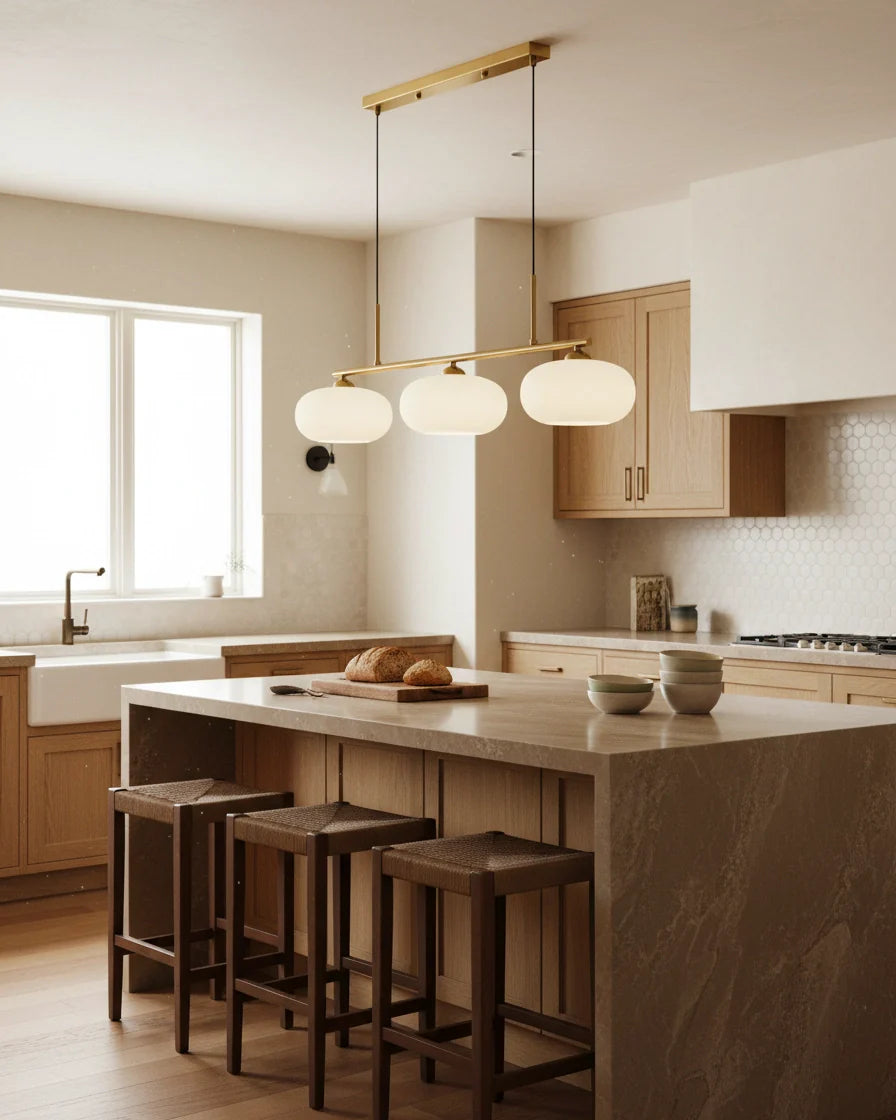Linear 3-light pendant with gold finish and three spherical white glass shades, lit, in a kitchen setting - hero 2